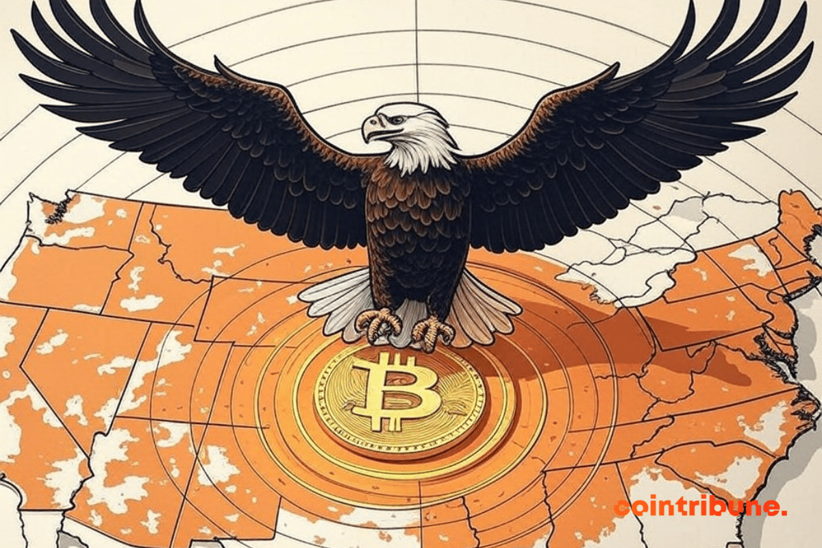 Map of the United States featuring a bitcoin coin flown over by an eagle