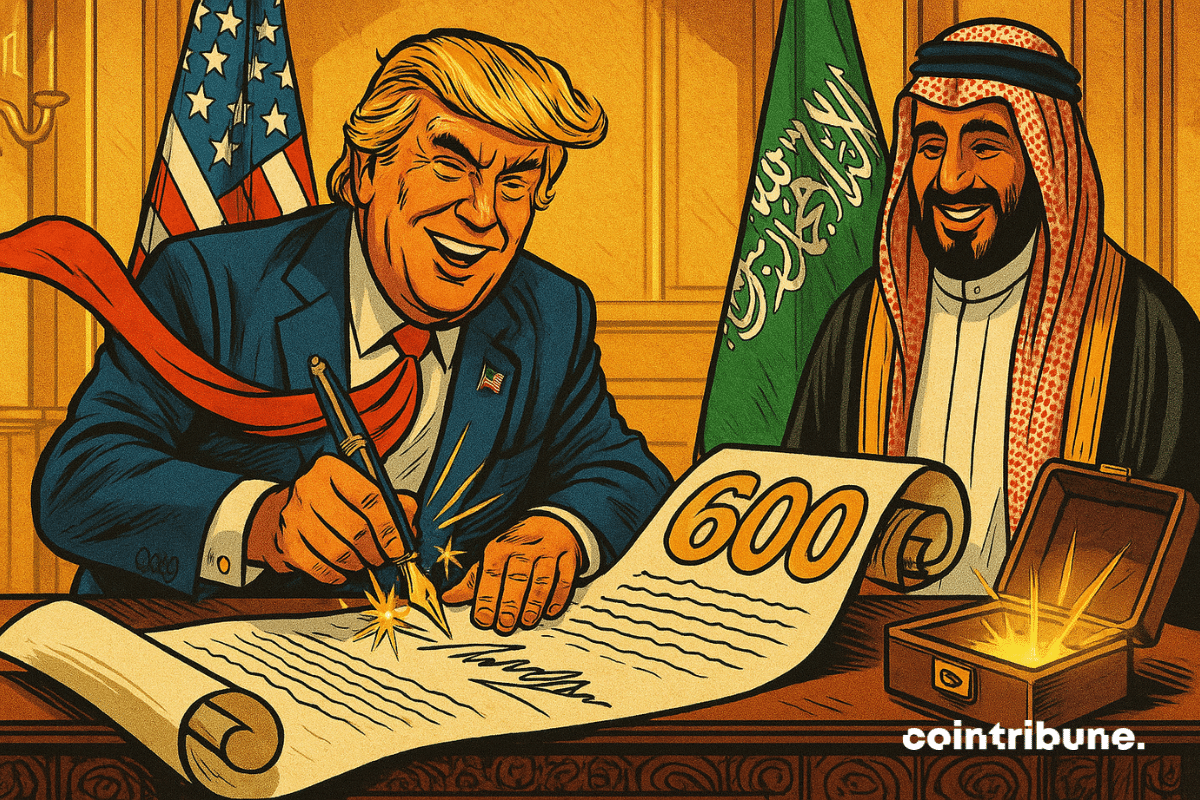 Donald Trump, in the center, wearing a blue suit and a floating red tie, theatrically signs a massive contract laid out on a luxurious table with a golden fountain pen.