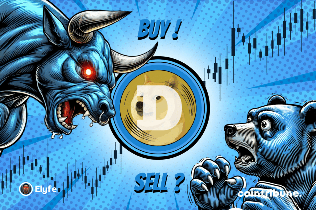 Logotipo de Doge sobre un fondo azul o rojo con un oso y un toro azul con una mirada expresiva a cada lado. Al fondo aparece un gráfico.