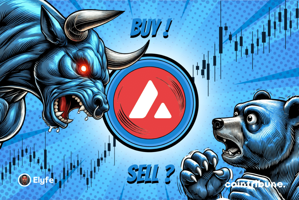 Logotipo de Avax sobre fondo azul o rojo con un oso y un toro azul de aspecto expresivo a ambos lados. Un gráfico aparece en el fondo.