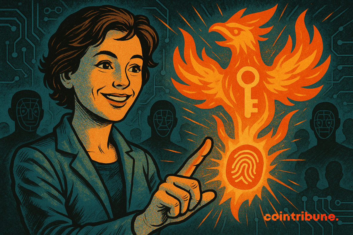 A smiling woman activates a glowing digital phoenix symbol, displaying a key and a fingerprint, representing biometric identity in a Web3 world.