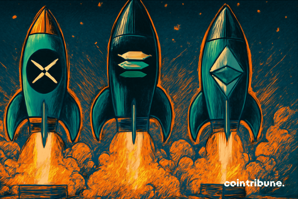Altcoins rocket with XRP, Solana, and Ethereum logos ready to launch in retro comic style.