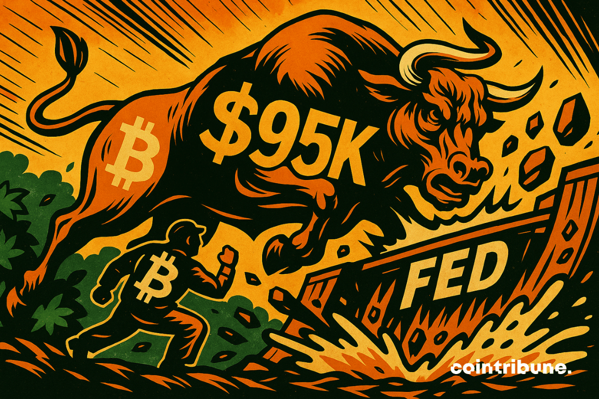 Un toro salta una barrera de la FED con el precio de $95K de bitcoin grabado en ella