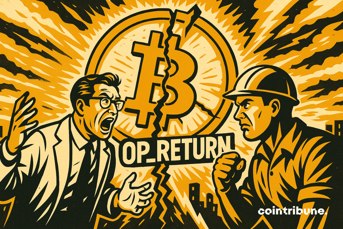 Ilustración que muestra una escena de división entre jugadores de Bitcoin