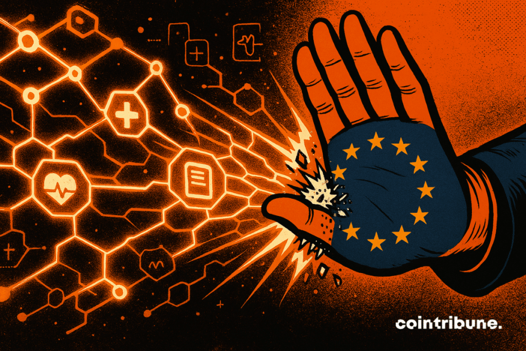 Fluxos de dados digitais bloqueados por uma mão estampada com a bandeira da UE