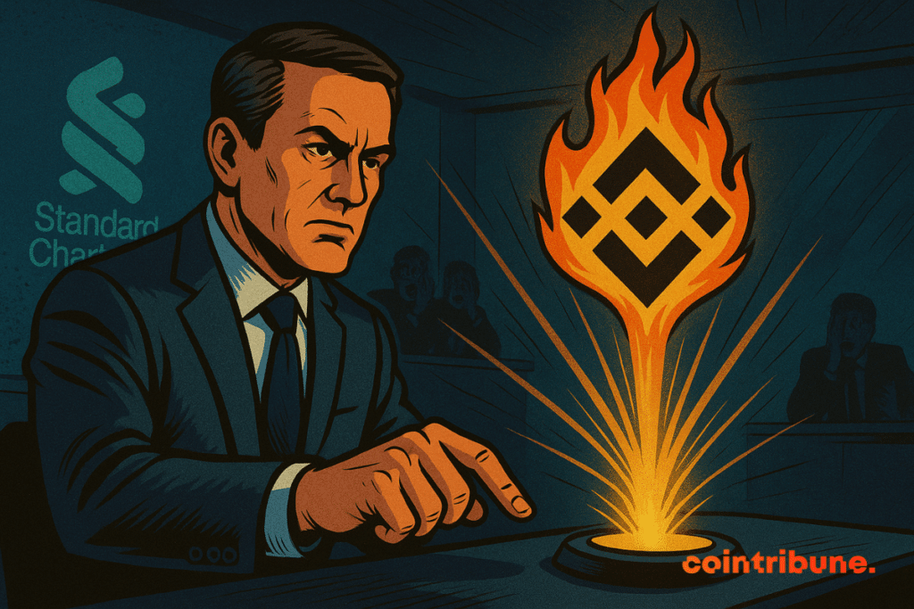 The Standard Chartered banker presses a "Projection" button, symbolizing the rise of BNB.