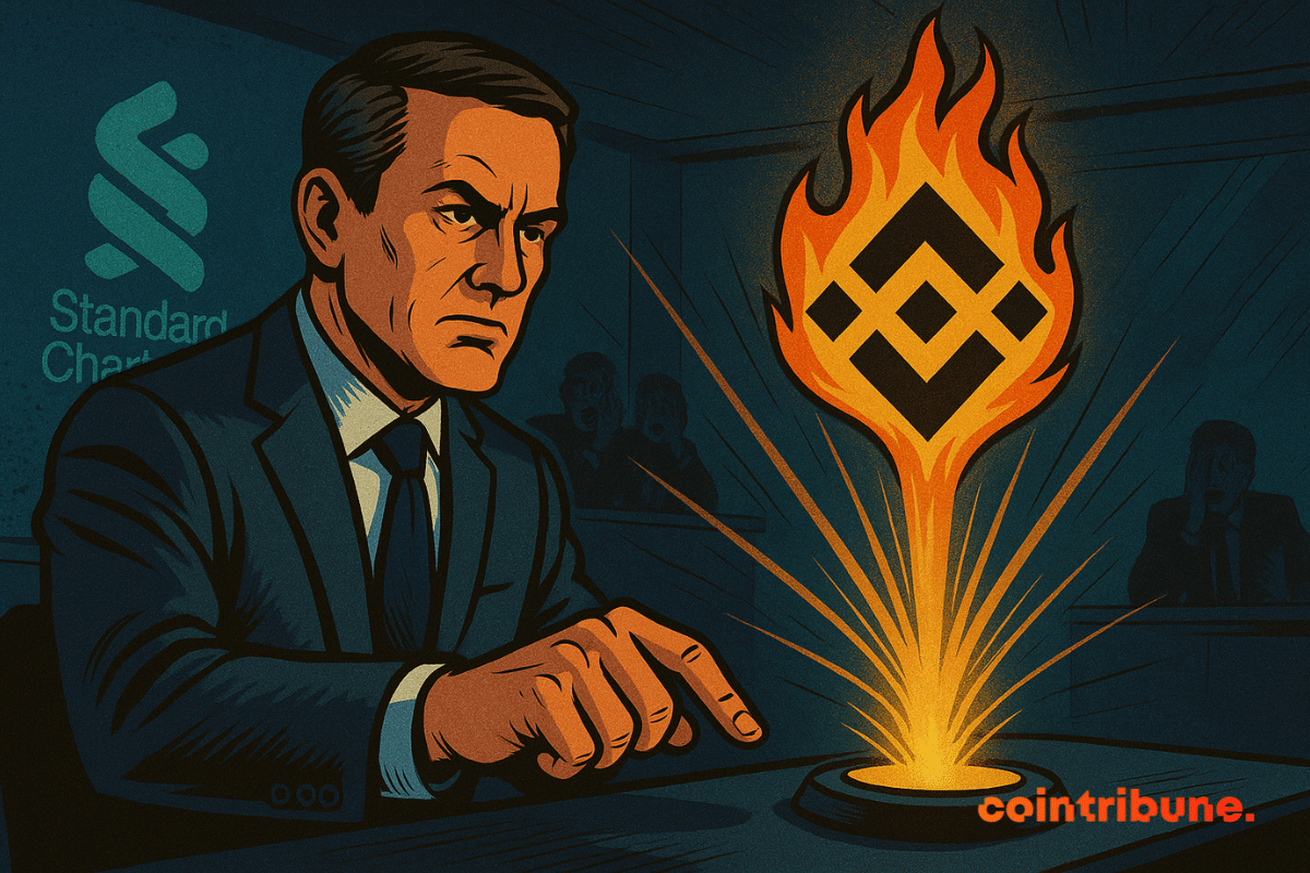 The Standard Chartered banker presses a "Projection" button, symbolizing the rise of BNB.