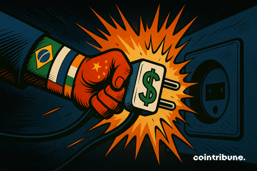 A collective hand (formed by the BRICS flags) pulls out a giant plug marked with a "$", symbolizing the disengagement from US assets.