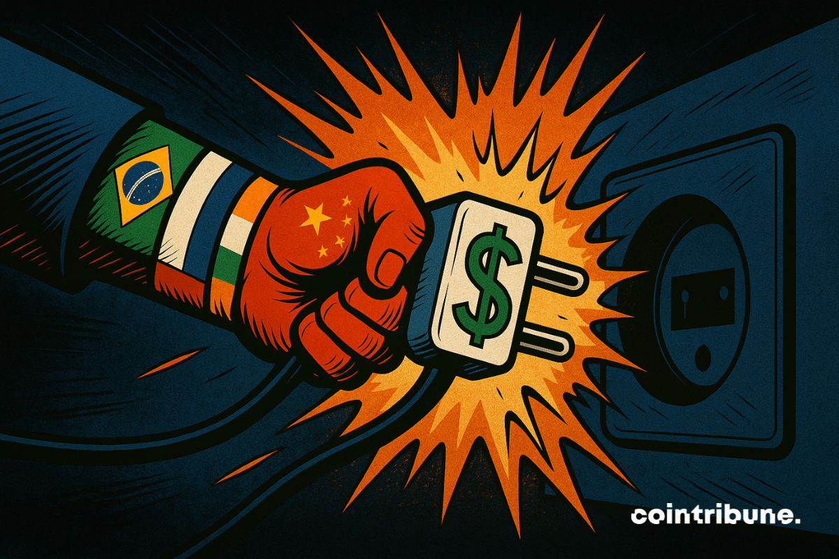 A collective hand (formed by the BRICS flags) pulls out a giant plug marked with a "$", symbolizing the disengagement from US assets.