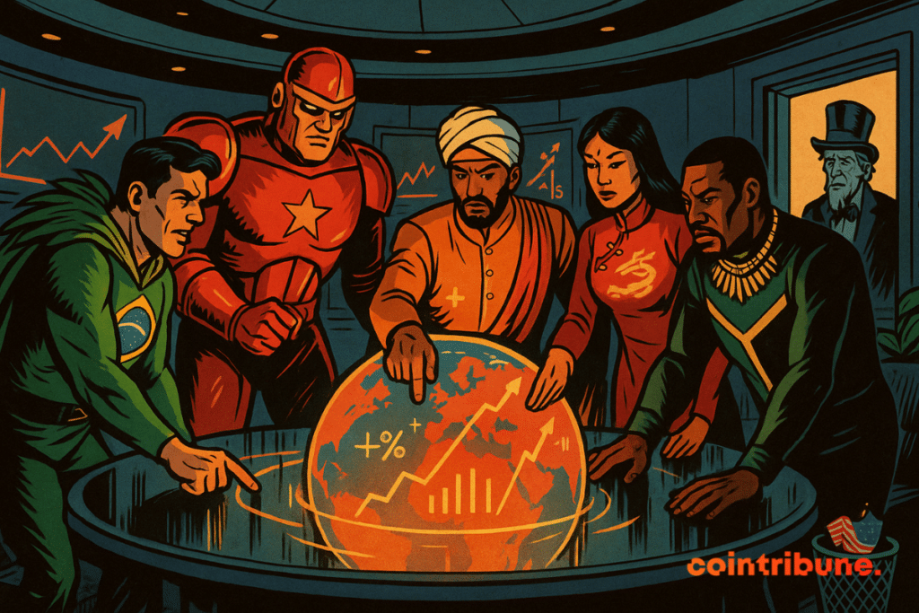 Cinco figuras inspiradas en superhéroes, cada una representando a un país de los BRICS.