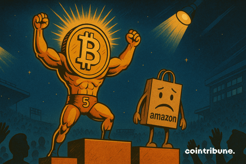 Un Bitcoin personificado supera a Amazon en el podio.