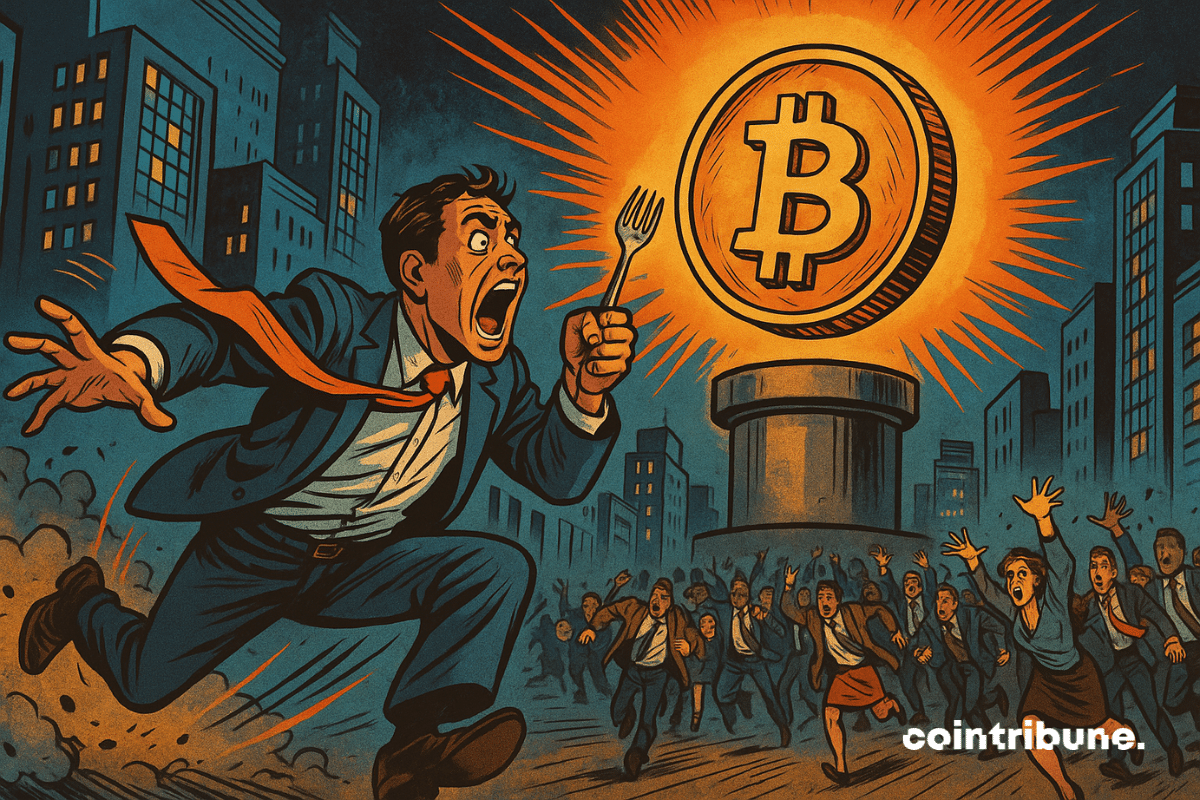 Un hombre corre con un tenedor en la mano hacia un enorme y brillante Bitcoin suspendido sobre un pedestal.