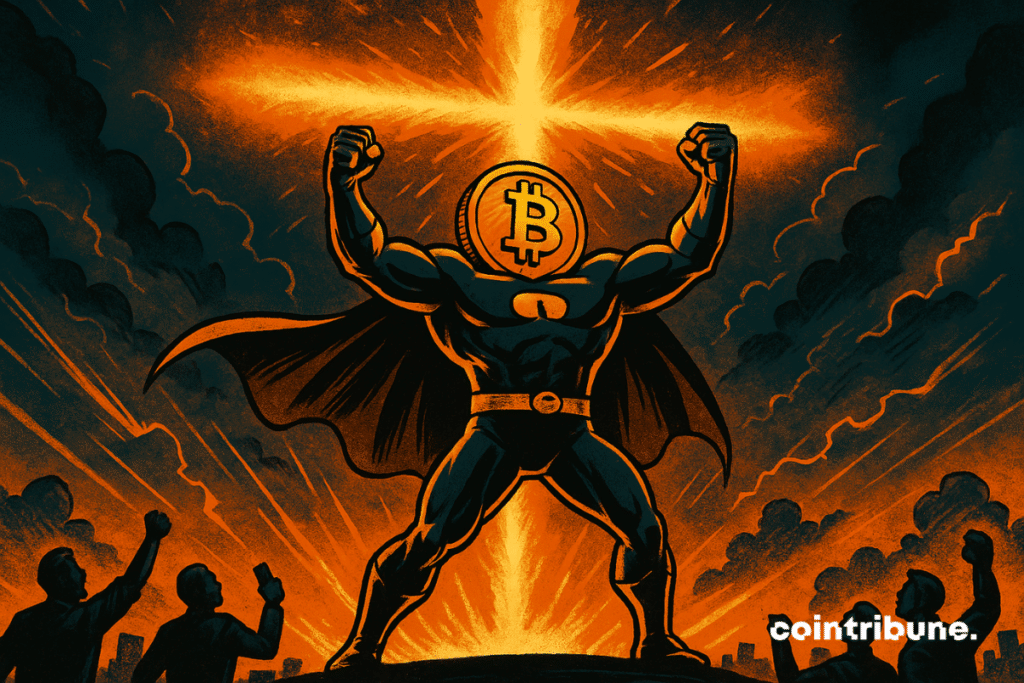 O Bitcoin personificado como um super-herói.