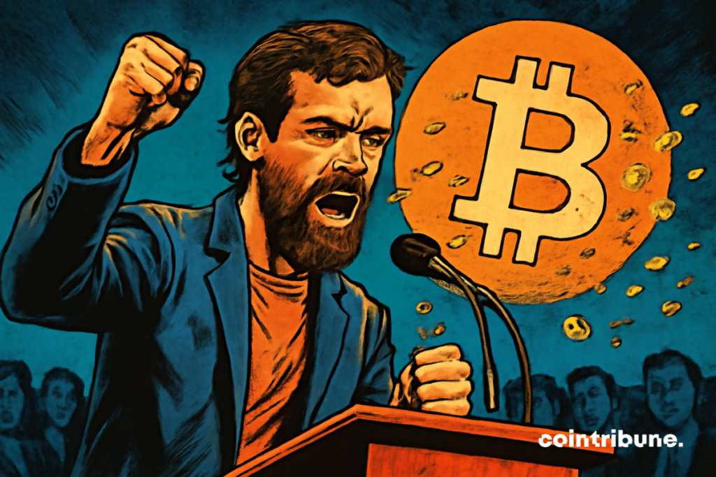 Ilustração de Jack Dorsey com o punho erguido, defendendo o Bitcoin.