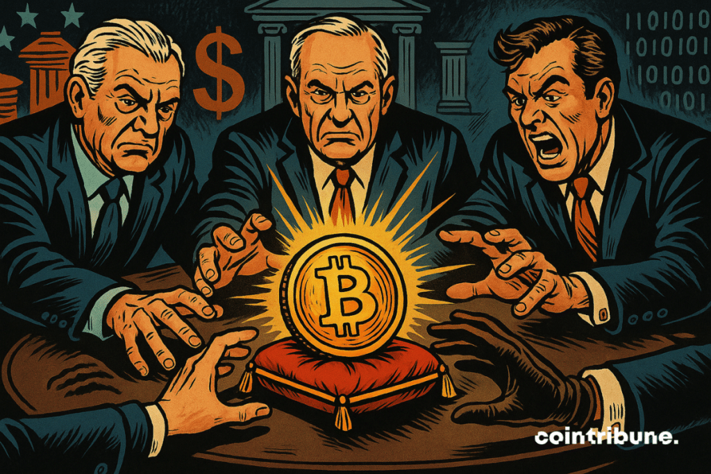 Tres poderosos hombres trajeados se apresuran a coger una moneda gigante de bitcoin.