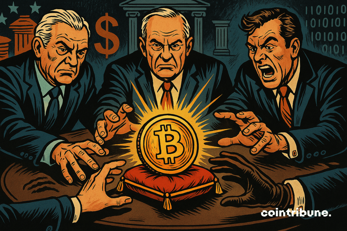 Tres poderosos hombres trajeados se apresuran a coger una moneda gigante de bitcoin.