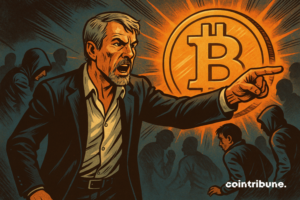 Ilustración de Michael Saylor criticando abiertamente a quienes abandonaron Bitcoin durante la corrida alcista.