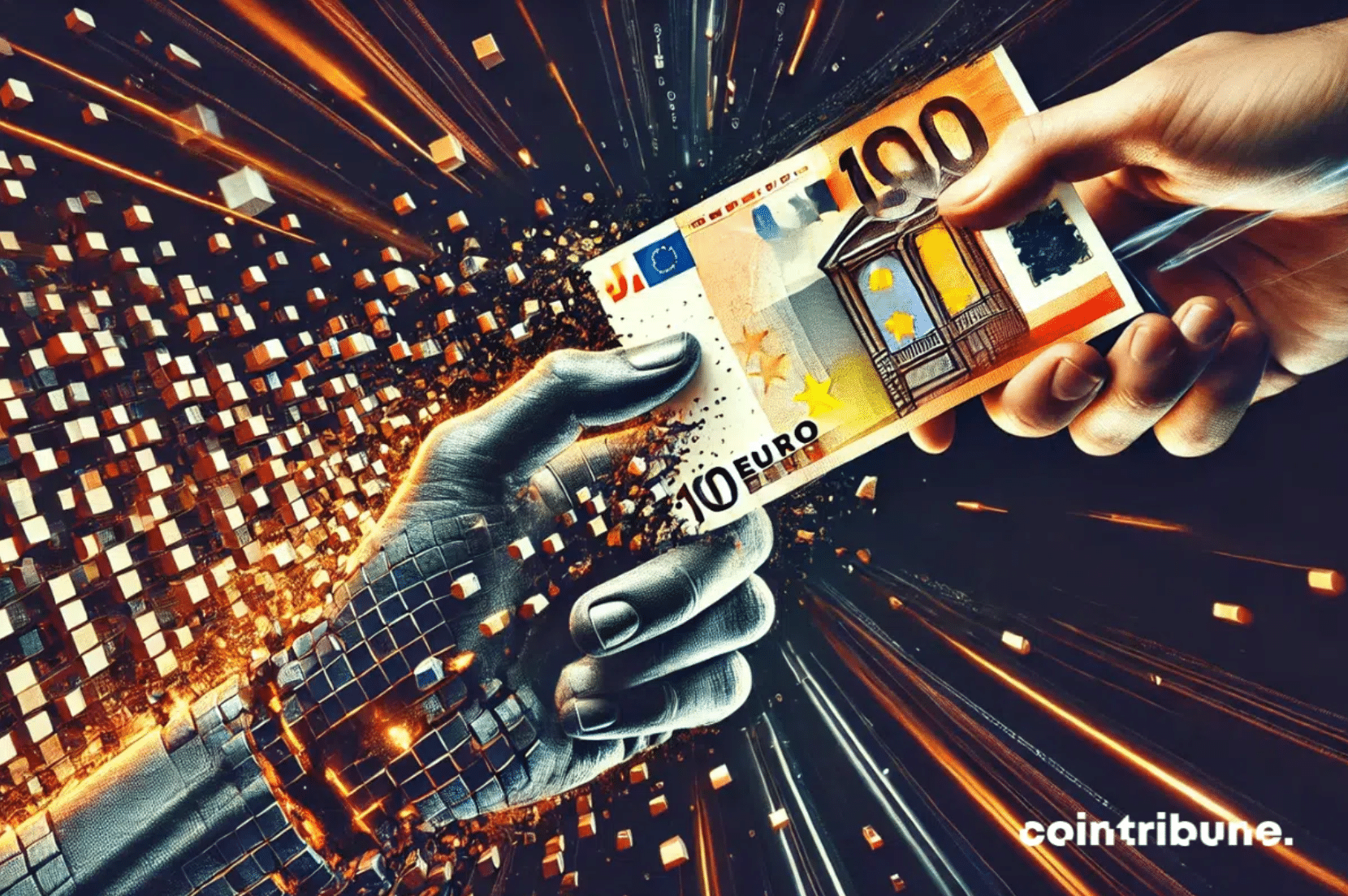 Une main numérique tirant un billet tenu par une main de sang et de chair. Illustre la fin du cash.