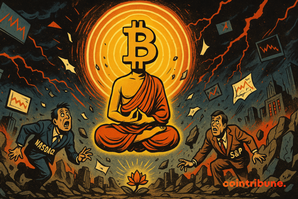El Bitcoin personificado, todavía como un monje, pero esta vez levitando ligeramente por encima del suelo, con las piernas cruzadas en posición de meditación, simbolizando la disminución de la volatilidad.