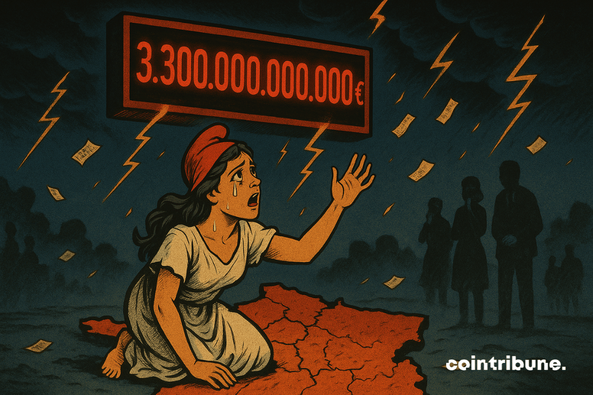 The French Marianne on its knees, complaining about a debt of 1,300 billion.
