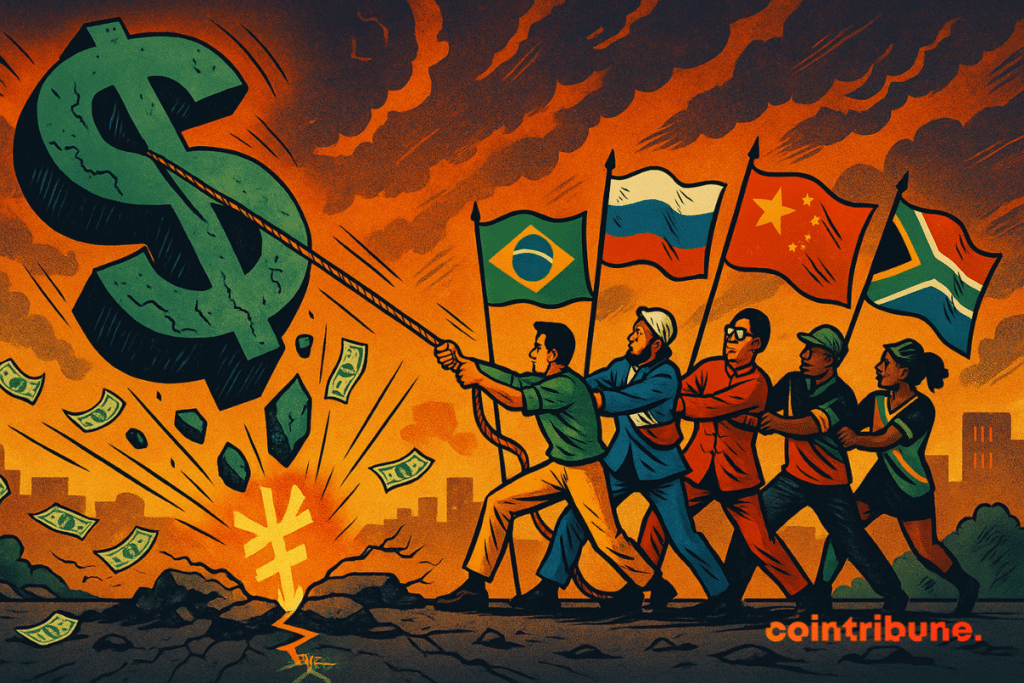 Cinq figures symbolisant les BRICS (Brésil, Russie, Inde, Chine, Afrique du Sud) tirent une épaisse corde attachée au sommet d'une immense statue en forme de symbole dollar ($).