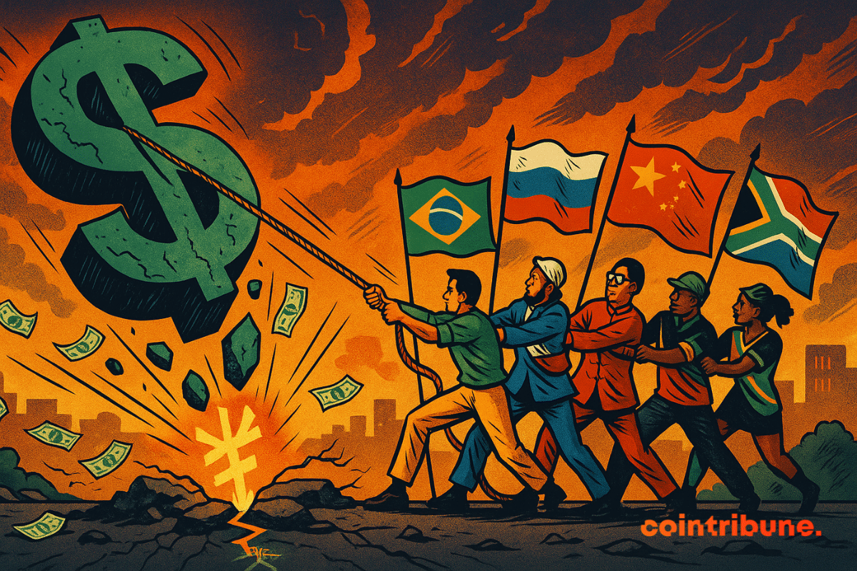 Cinq figures symbolisant les BRICS (Brésil, Russie, Inde, Chine, Afrique du Sud) tirent une épaisse corde attachée au sommet d'une immense statue en forme de symbole dollar ($).