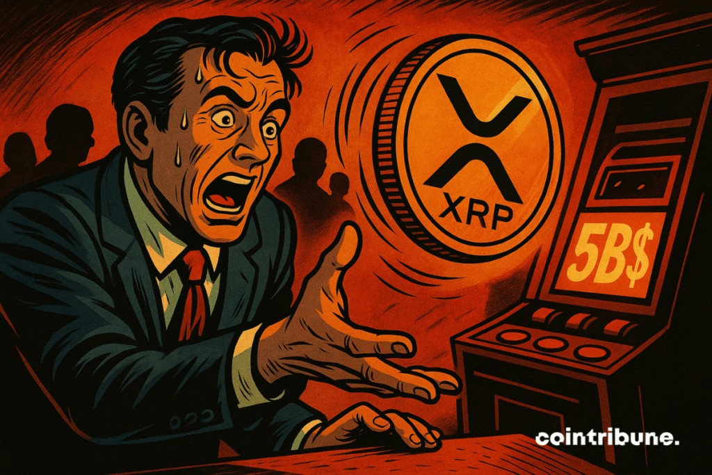 Trader dans un casino, lançant une pièce de XRP sur une machine à sous affichant 5 milliards de dollars