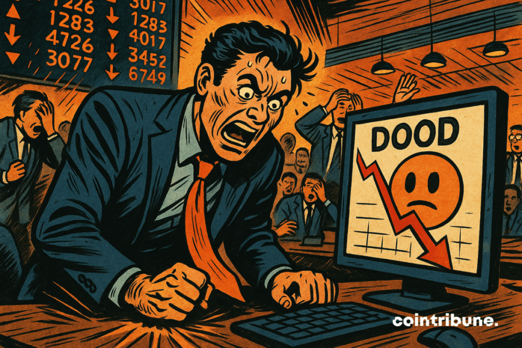 Traders in a panic, one hitting the table with his point as he saw a screen displaying DOOD's fall