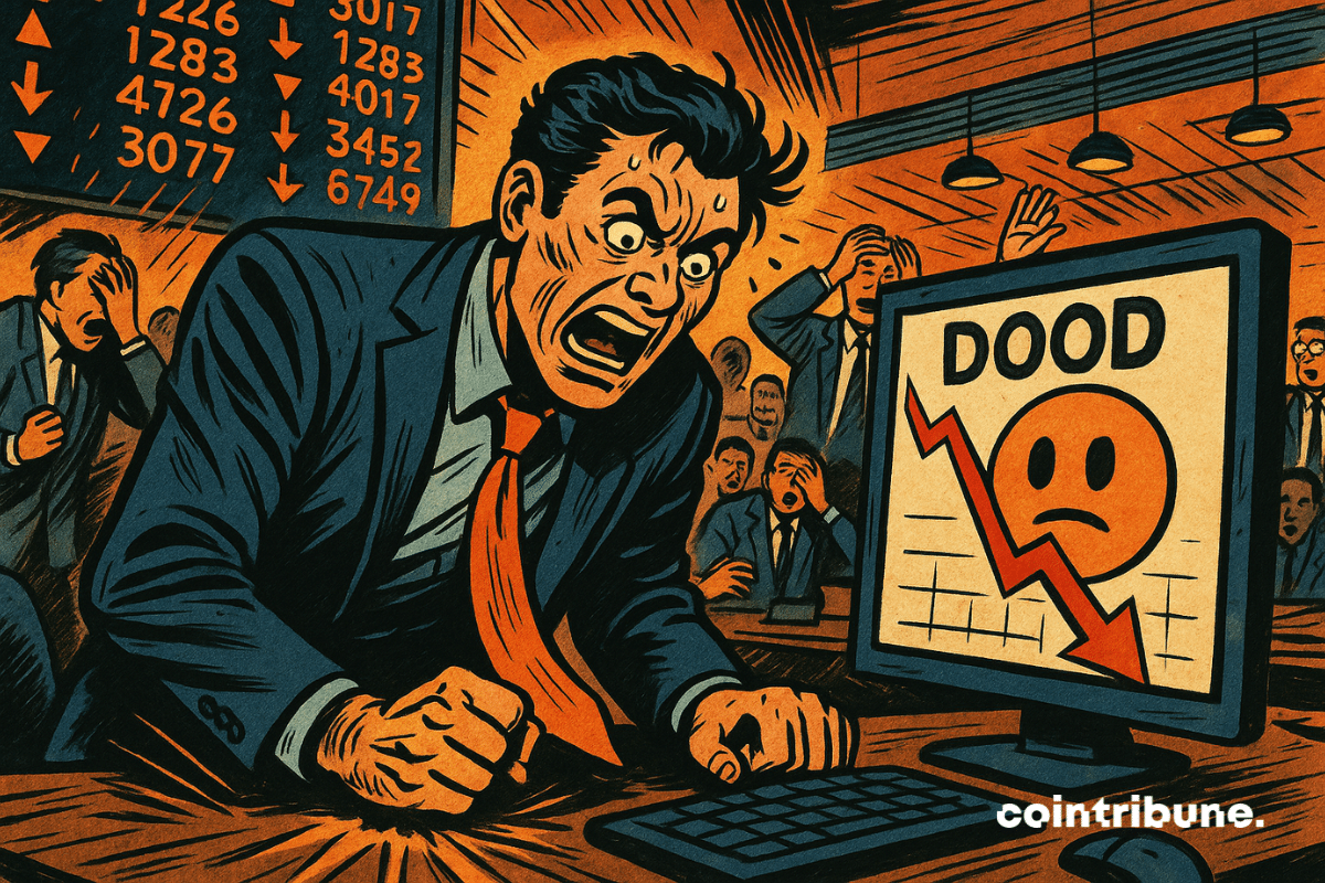 Traders in a panic, one hitting the table with his point as he saw a screen displaying DOOD's fall