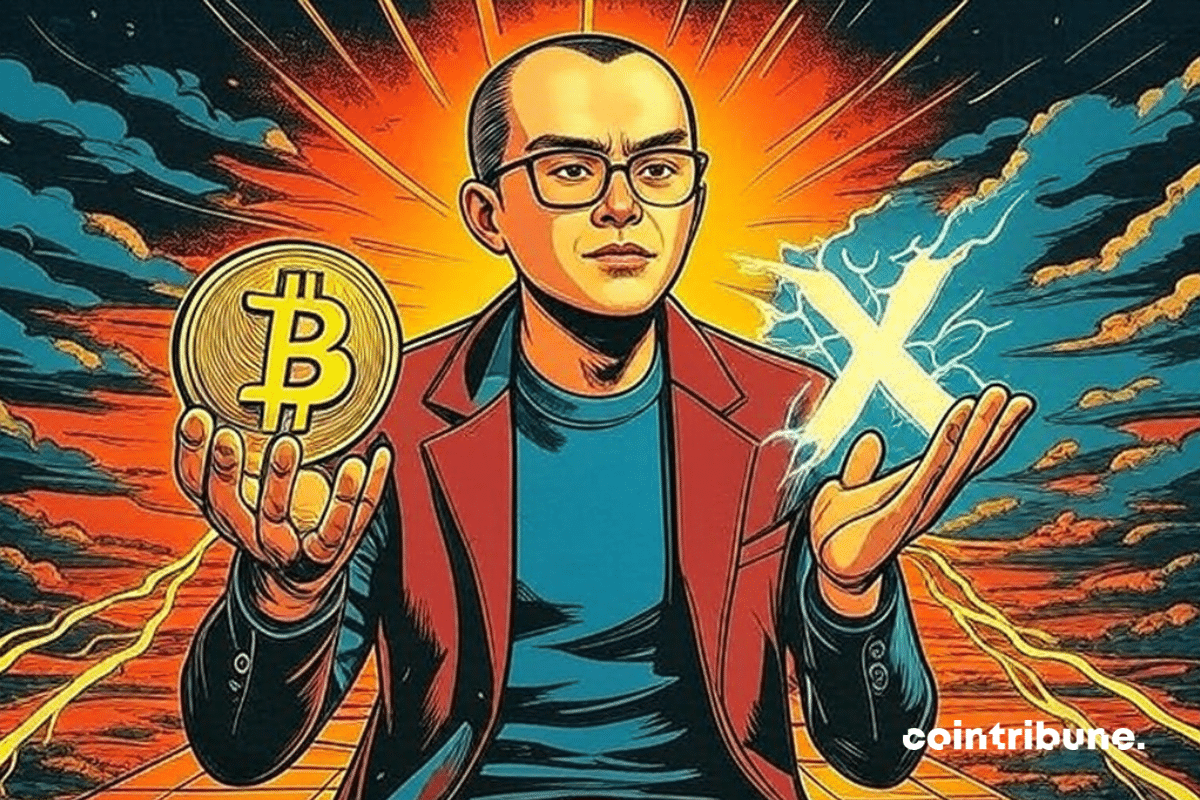 CZ holding the bitcoin logo in one hand and the X logo in the other.