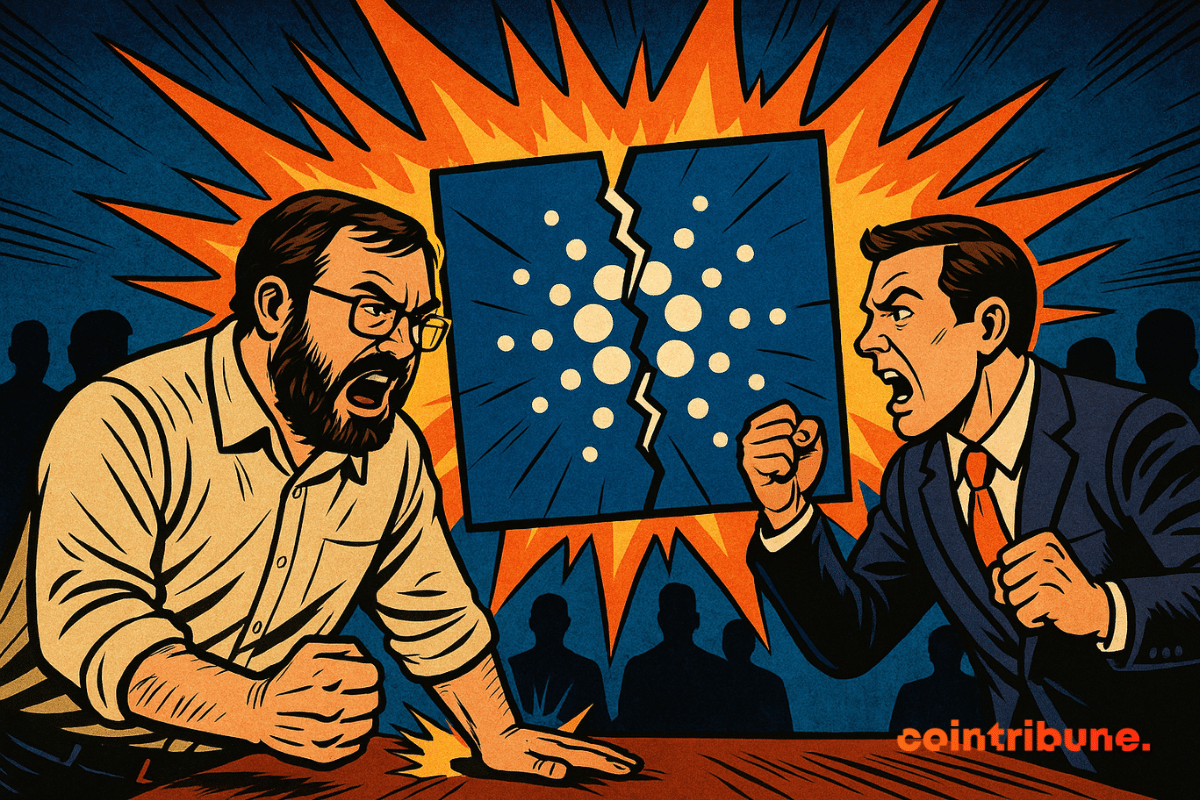 Two men arguing with a cracked Cardano logo between them.