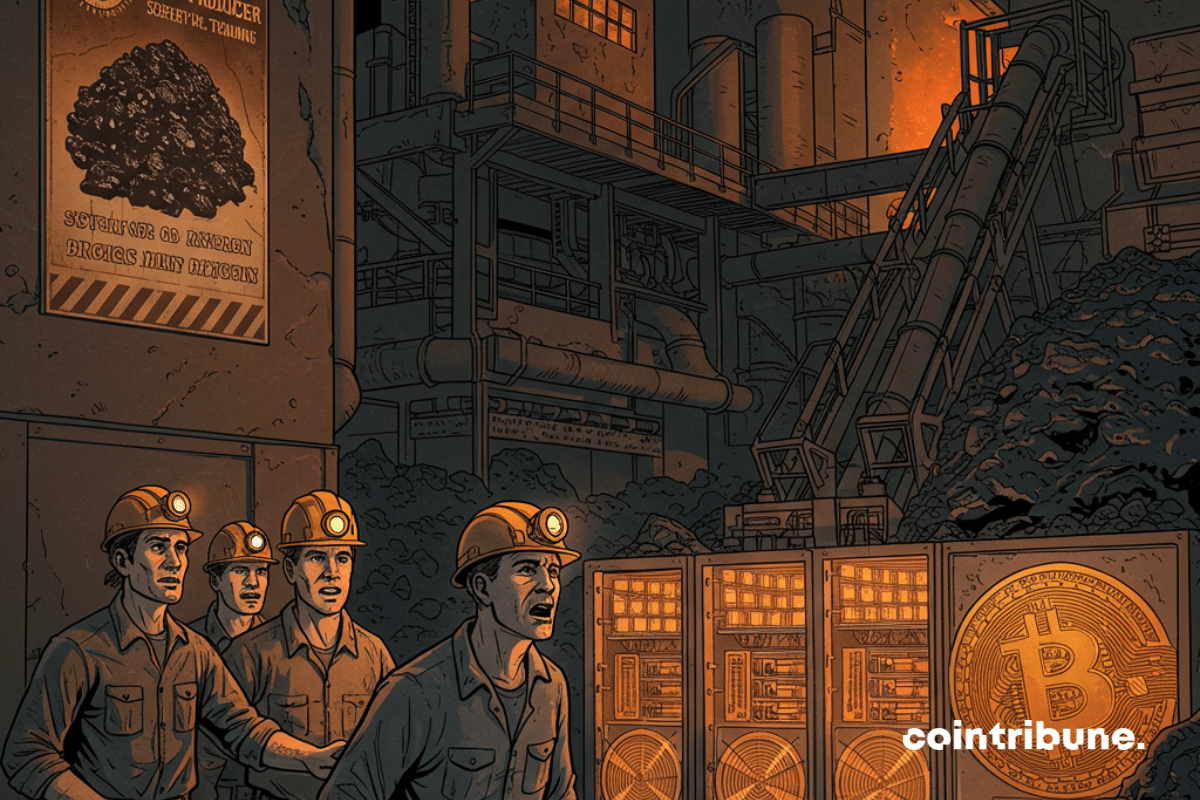 Ilustración de mineros que descubren una explotación secreta de bitcoin en una mina de carbón en activo.