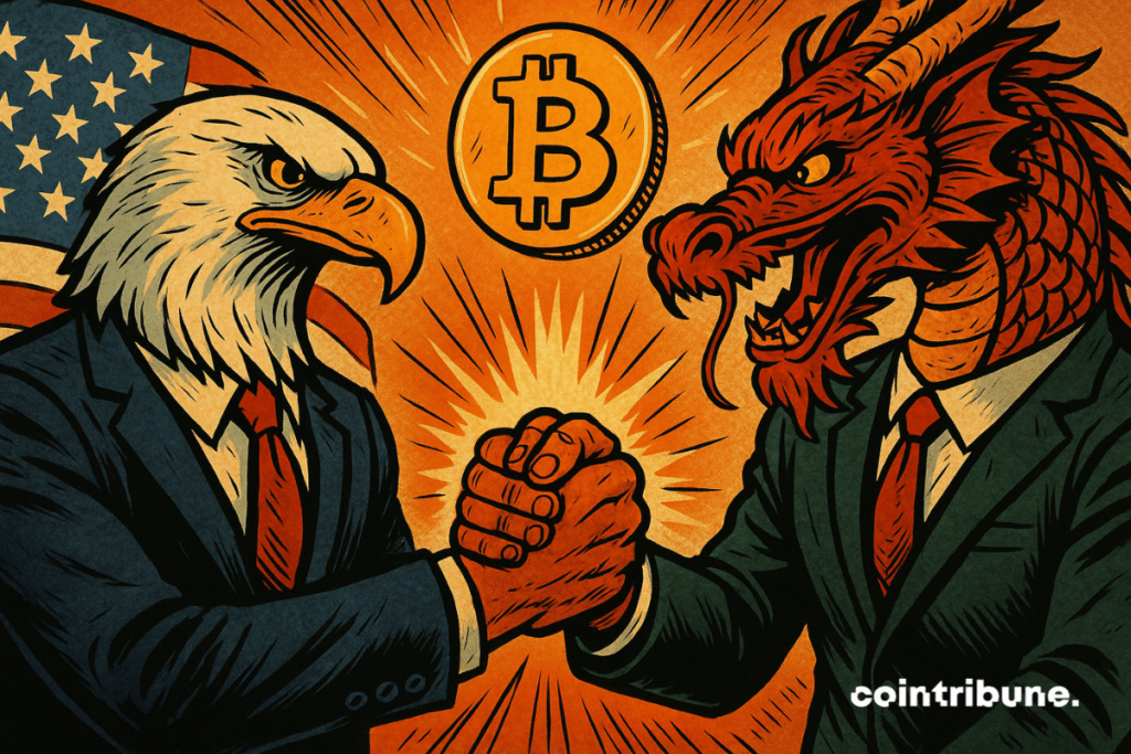 U.S. eagle and Chinese dragon shake hands, Bitcoin glowing, symbolizing crypto optimism.