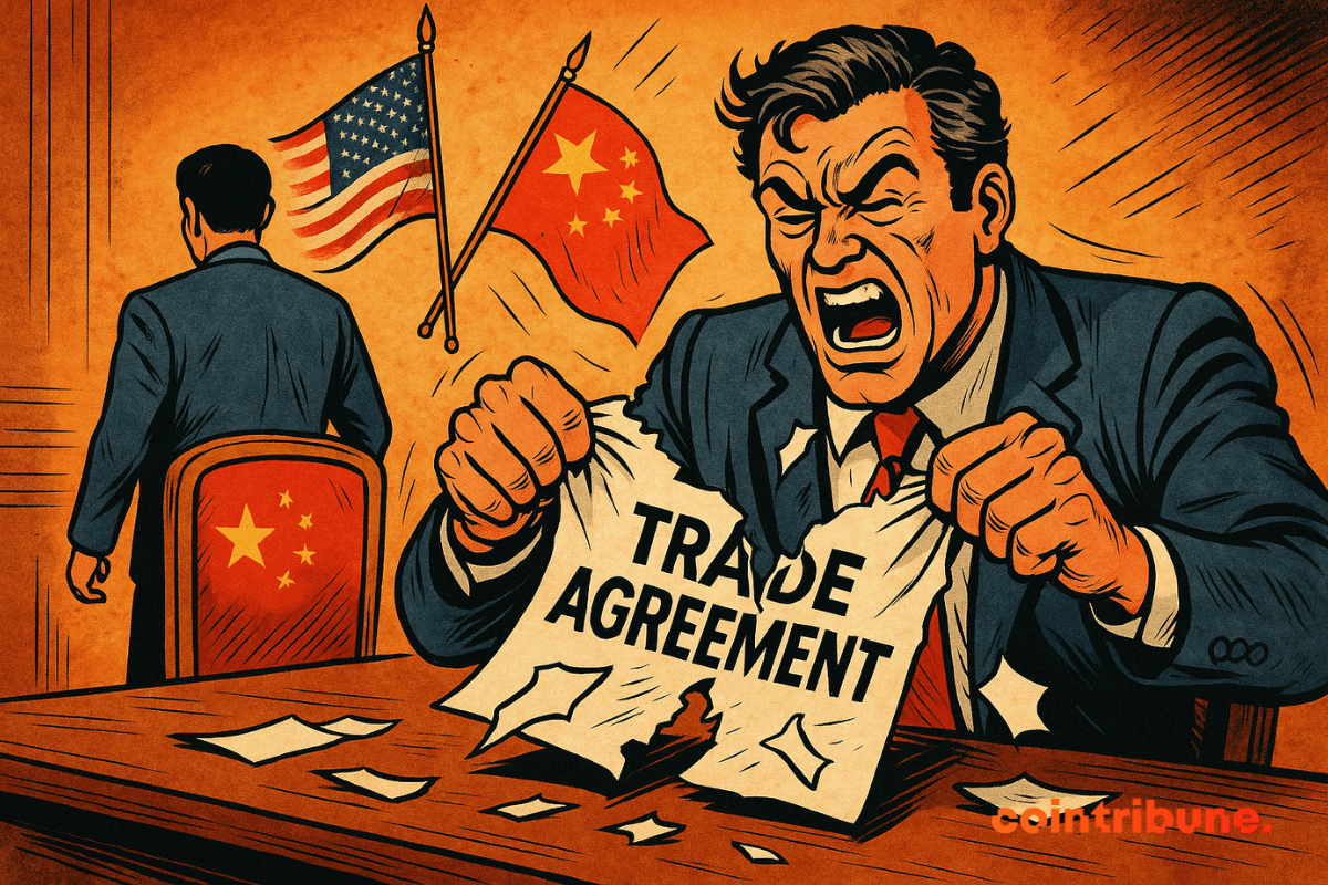 Illustration of a furious diplomat tearing up a contract entitled “TRADE AGREEMENT” in front of a Chinese representative from behind.