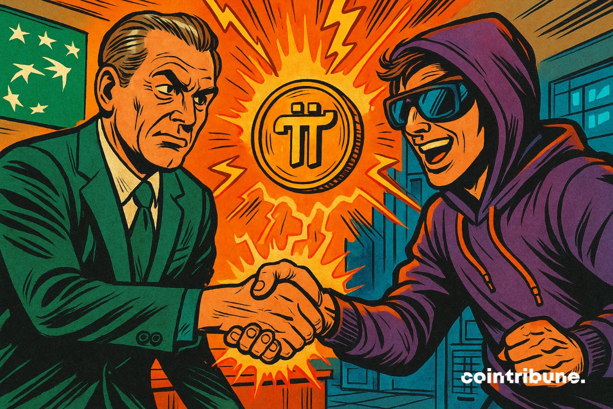 A BNP Paribas manager shaking hands with a Pi Network manager for a strategic partnership.