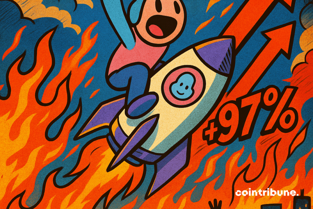 A euphoric Doodle character flies away clinging to a flaming rocket marked "+97%".