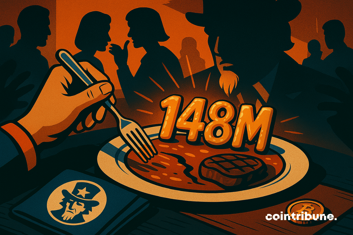 Illustration of a dish with 8 million written on it, with shadows of the president and his guests.