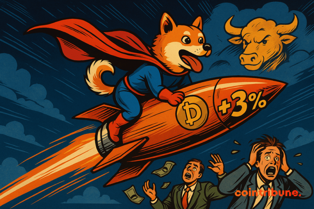 Un Shiba Inu de dessin animé, déguisé en super-héros, chevauche une fusée étiquetée « +3 % » et arborant le logo Dogecoin, s'élevant dans le ciel sous les yeux paniqués des traders. Un symbole haussier apparaît dans les nuages.