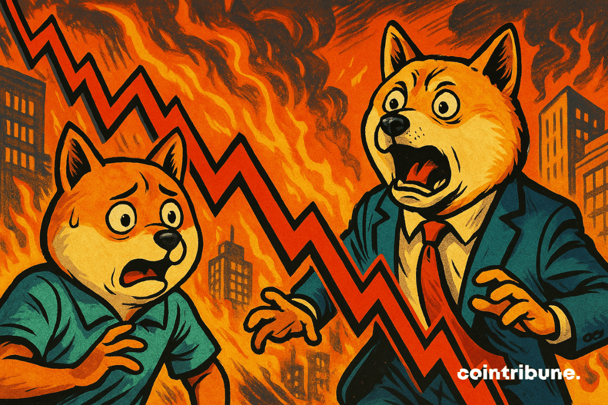 Ilustração das criptomoedas Dogecoin e Shiba Inu reagindo com medo a uma curva vermelha em queda.
