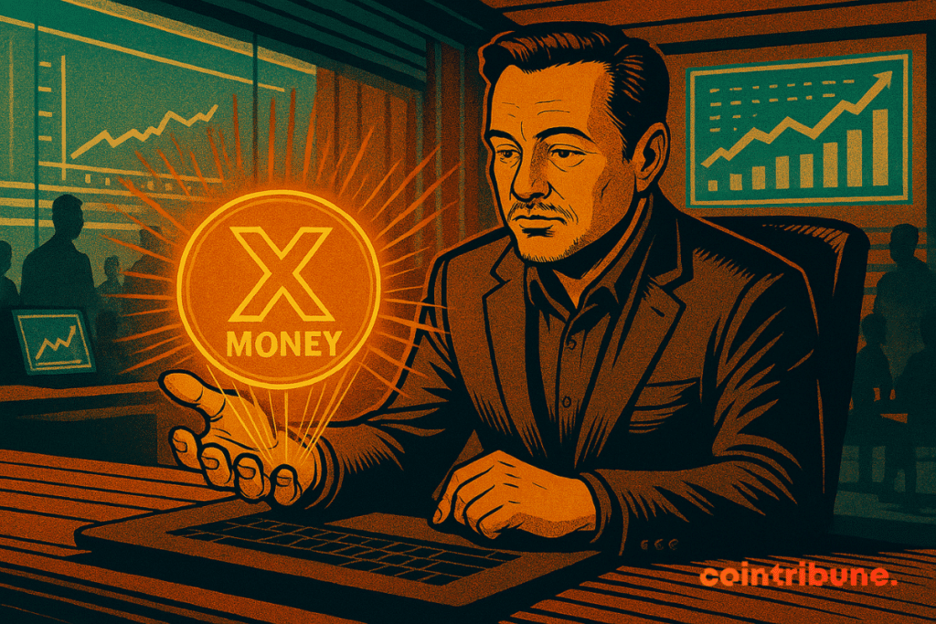 Illustration d'Elon Musk dans un bureau tenant dans sa main un hologramme X Money