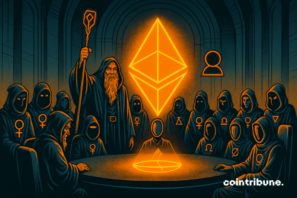 Un grupo de personas enmascaradas se reunieron alrededor de un holograma de Ethereum, con símbolos de infinito y vórtice.