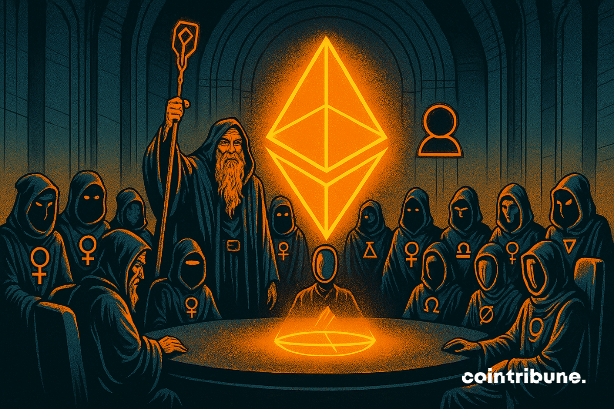 Um grupo de pessoas mascaradas se reuniu em torno de um holograma Ethereum, com símbolos de infinito e vórtice