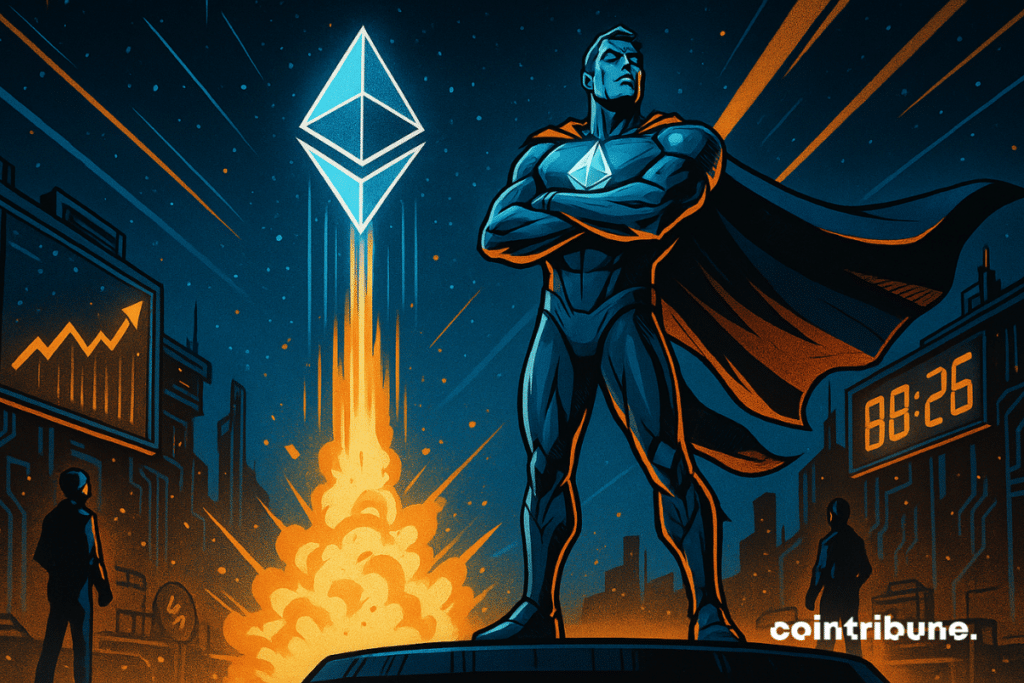 A criptomoeda Ethereum personificada como um super-herói tecnológico levitando sobre uma plataforma de lançamento.