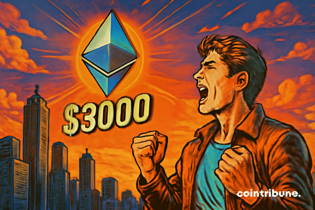 Ilustración de un hombre gritando de alegría ante el logotipo de la criptomoneda Ethereum y el número "00".