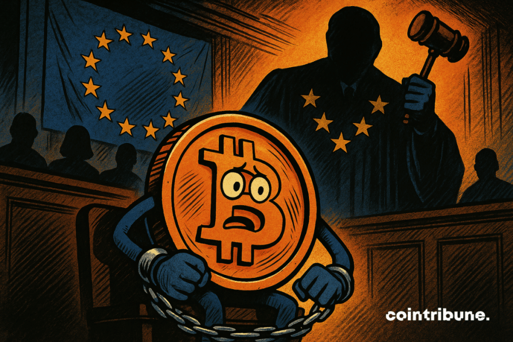 Representación de un bitcoin antropomorfizado, esposado y visiblemente preocupado.