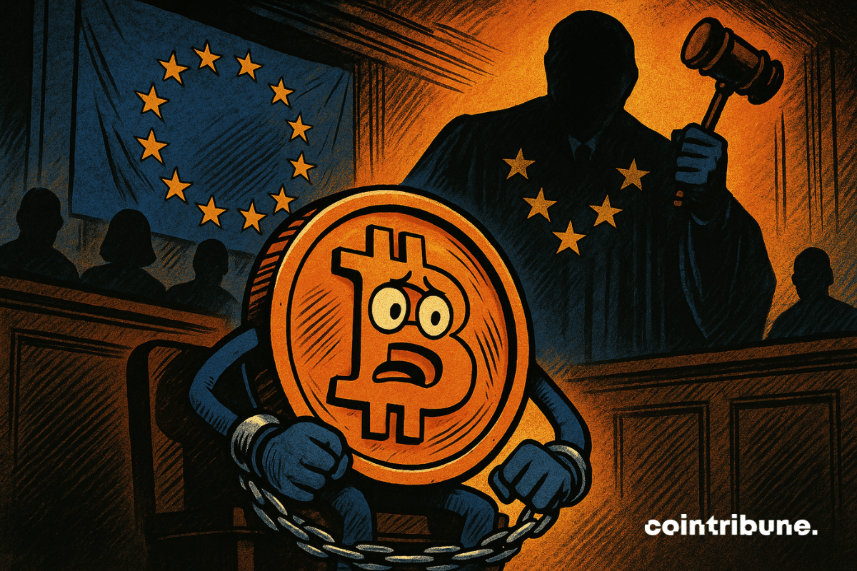 Representación de un bitcoin antropomorfizado, esposado y visiblemente preocupado.