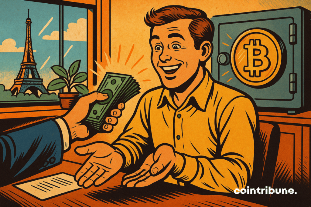Individuo aceptando billetes de euro, detrás de él hay una cámara acorazada de bitcoins.