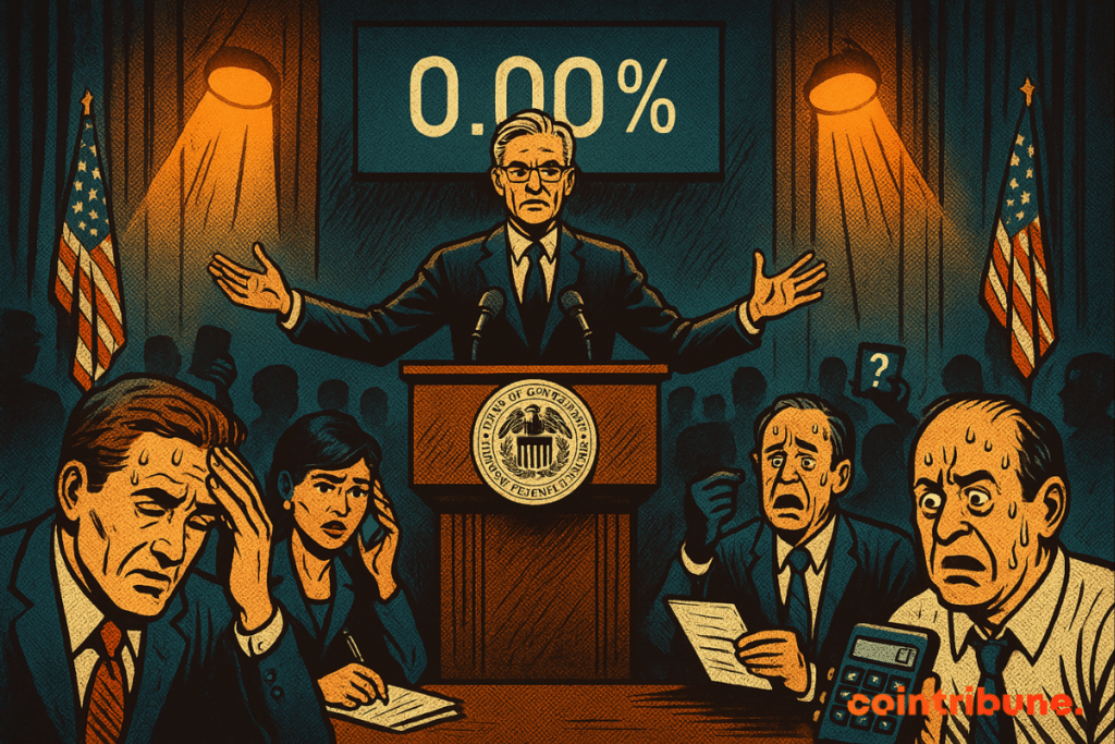 Jerome Powell, impasible, con traje oscuro y los brazos abiertos sobre un podio adornado con el sello oficial de la Fed, pronuncia un discurso que paraliza a una multitud de inversores tensos — algunos sentados, otros de pie, algunos tomando notas con ansiedad, otros sujetándose la cabeza o sudando.