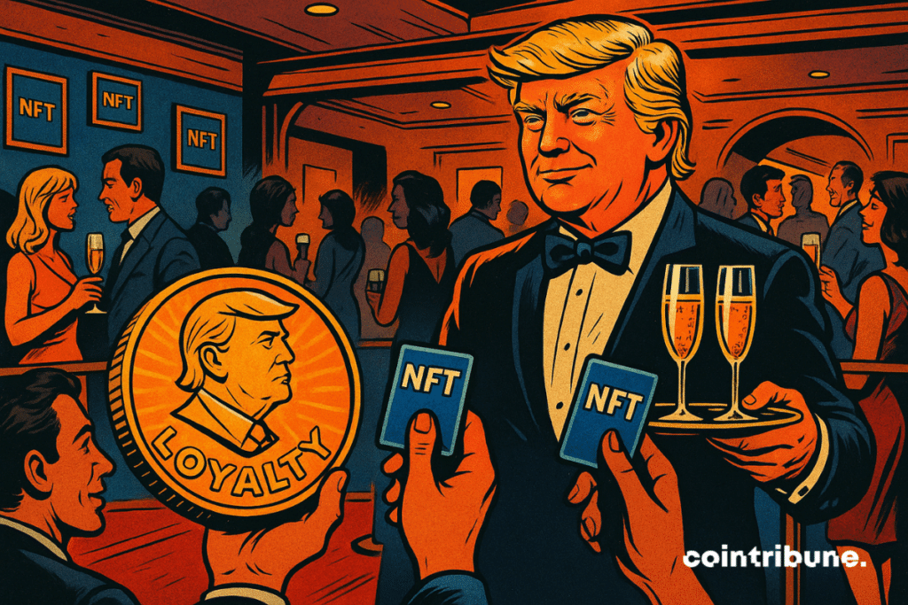 Trump sirviendo en una cena privada con una moneda con su imagen y tarjetas NFT