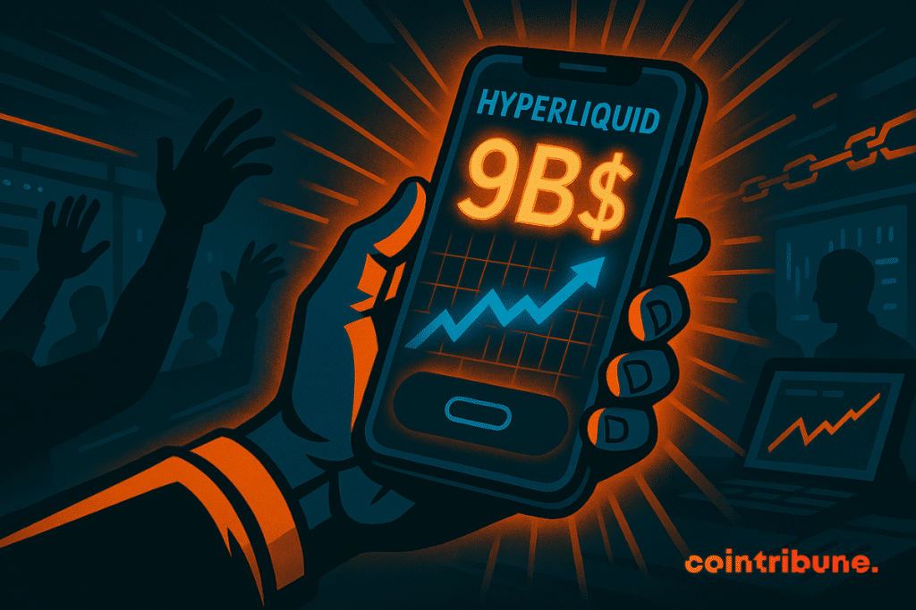 Une main tenant un smartphone affichant Hyperliquid et le chiffres 9 milliards de dollars, avec au fond des ombres d'individus levant leur main